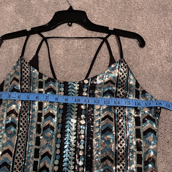 Glamorous Sequined Mini Dress Forever 21 Aqua Black Gold size L - Picture 4 of 6